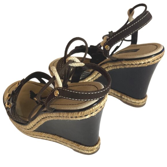 Louis Vuitton Brown Suede/Patent Leather Logo Charms Wedge Sandals Sz 36.5 -6.5 - Picture 13 of 16